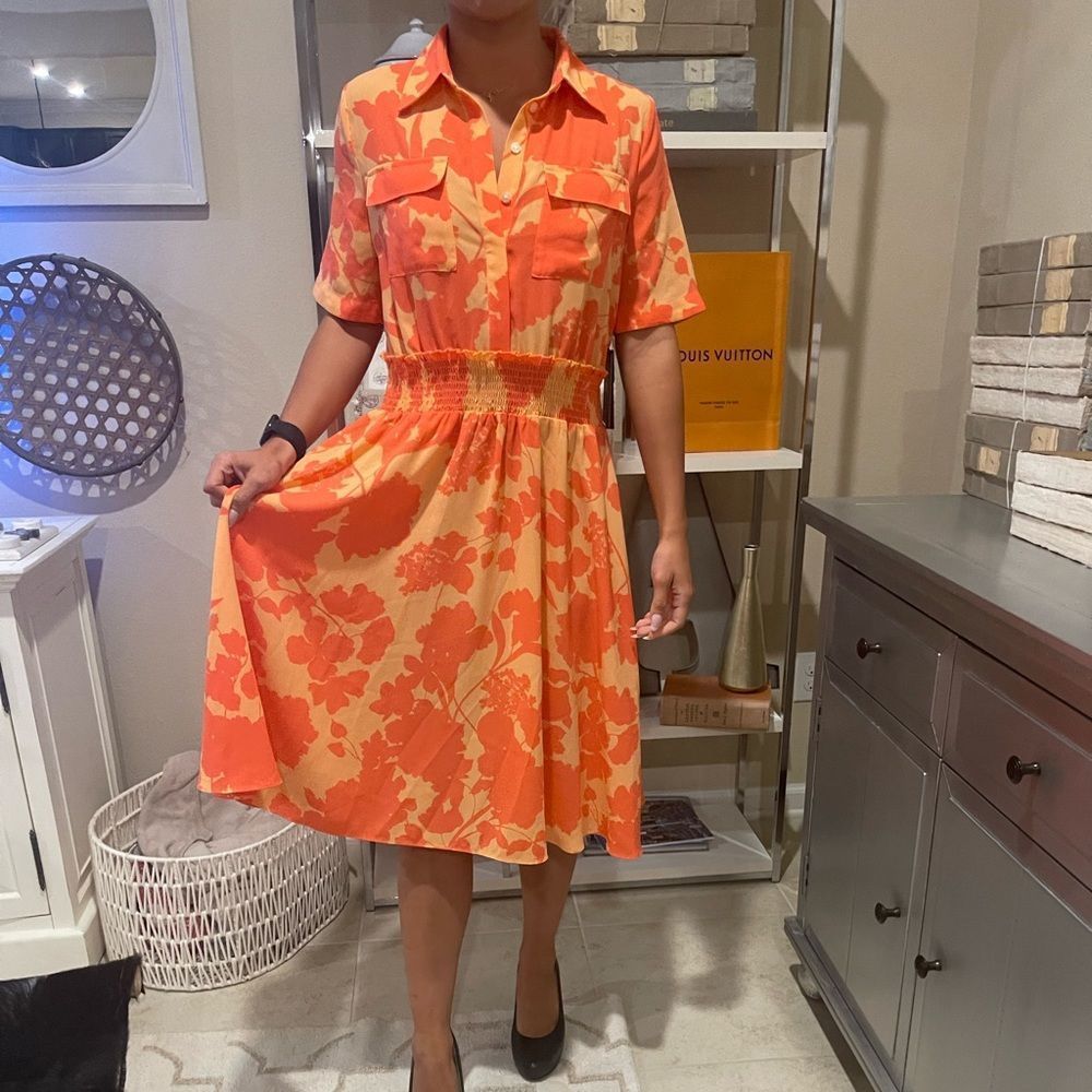 Halogen X Atlantic-Pacific Floral Smocked Utility Dress coral floral size SMALL